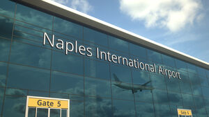 Commercial plane landing reflecting in the windows with naples international airport text 3D rendering