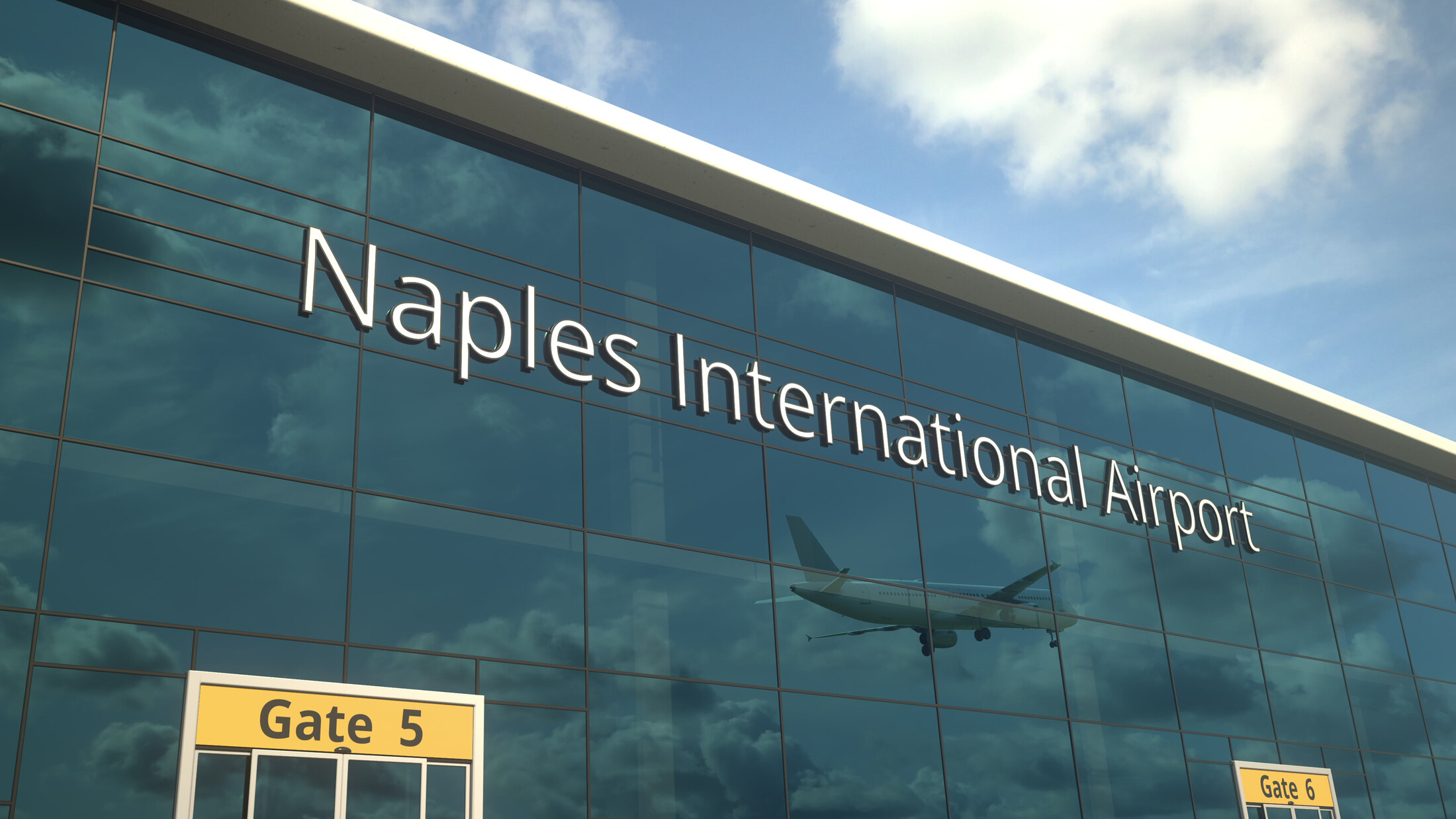 Commercial plane landing reflecting in the windows with naples international airport text 3D rendering