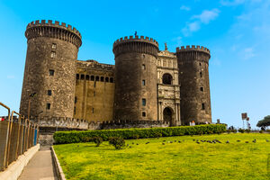 A view of the front of the Castel Nuovo in Naples, Italy