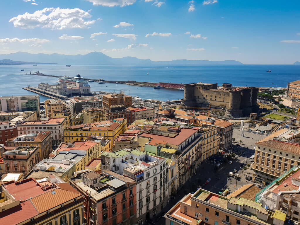 Aerial view of Naples, Italy, and his harbor on Mediterranean Sea