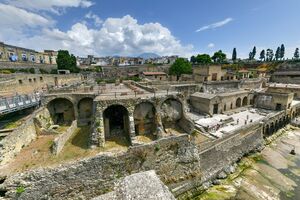 Ruins of an ancient city destroyed by the eruption of the volcano Vesuvius in 79 AD near Naples, Archaeological Park of Ercolano.