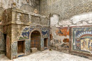 Ruins of an ancient city destroyed by the eruption of the volcano Vesuvius in 79 AD near Naples, Archaeological Park of Ercolano.