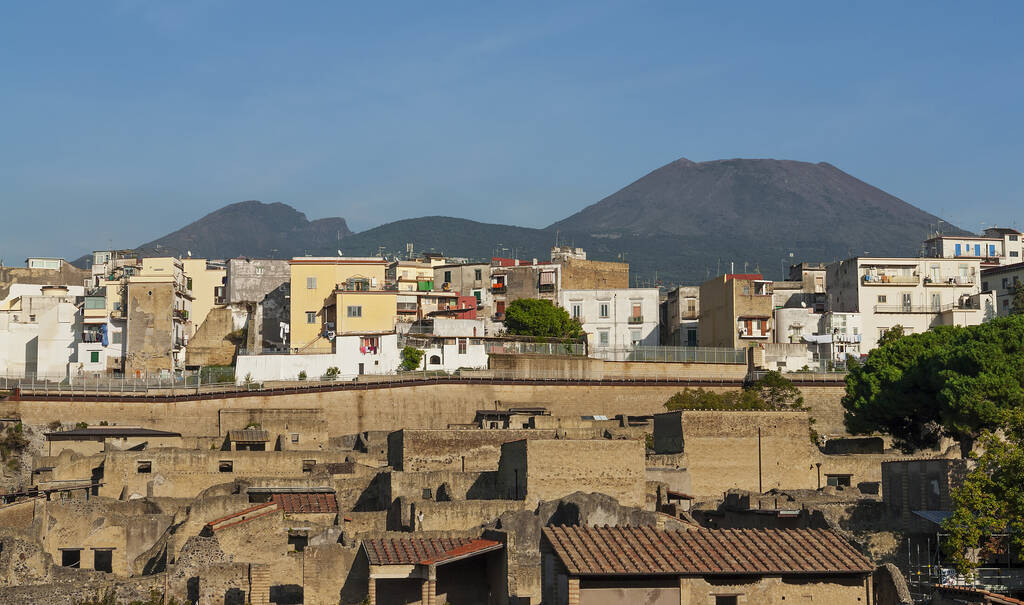 View of the ruin city "Herkulaneum" and the volcano "Vesuv" near Naples in Italy