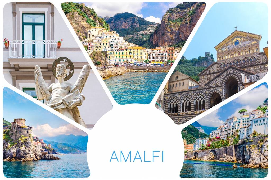 Photo collage from Amalfi - small haven of Amalfi village with tiny beach and colorful houses, located on rock, Amalfi coast, Salerno, Campania, Italy.