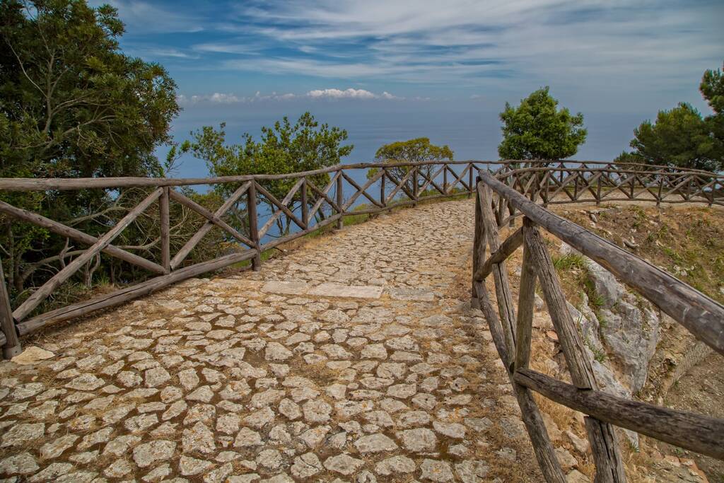 Steps leading to Villa Jovis in Capri. The ruins of Villa Jovis built by emperor Tiberius is located at the edge of a tall cliff on the island of Capri, Tyrrhenian sea, Italy