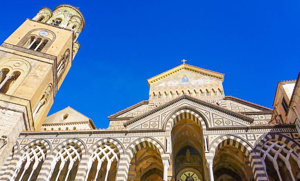 The Amalfi Cathedral dedicated to the Apostle Saint Andrew in the Piazza del Duomo in Amalfi Italy off the coast of Salerno Gulf on the Tyrrhenian Sea.