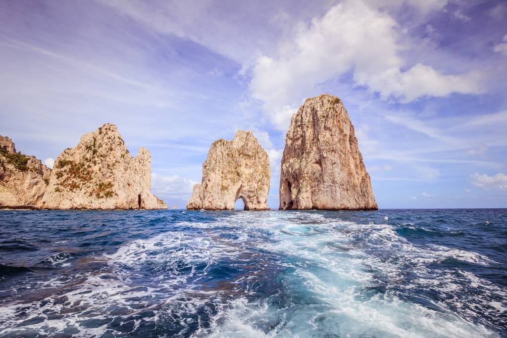 Impressions of a boat trip around the island of Capri in spring, Italy