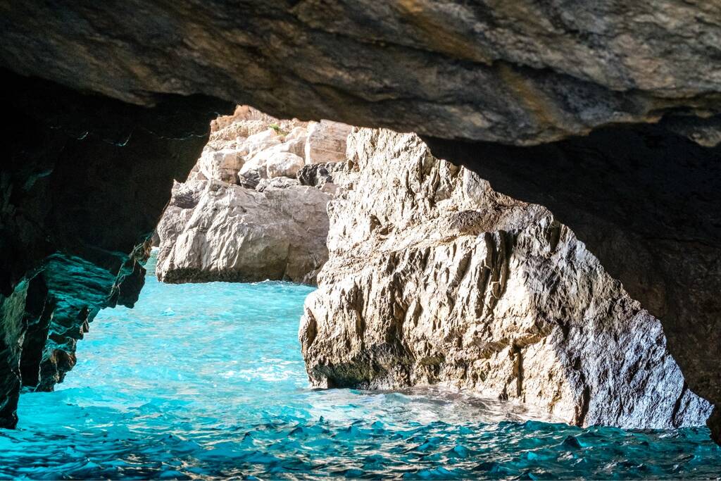The Green Grotto (also known as The Emerald Grotto), Grotta Verde, on the coast of the island of Capri in the Bay of Naples, Italy.