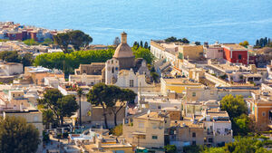 Aerial view of Chiesa di Santa Sofia or Santa Sofia Church located in Piazza of Anacapri, on Capri Island, Italy