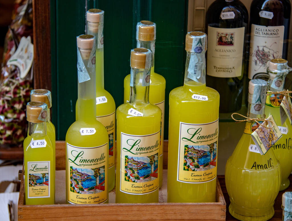 Amalfi, Italy - 09/22/2018: Bottles of Limoncello in the Town of Amalfi Along the Amalfi Coast in Italy