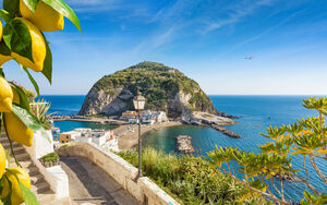 Beautiful coast of village Sant'Angelo, giant green rock in blue sea near Ischia Island, Italy. Sunny day, blue sky with white clouds and azure sea. Bunches of fresh yellow ripe lemons on foreground.