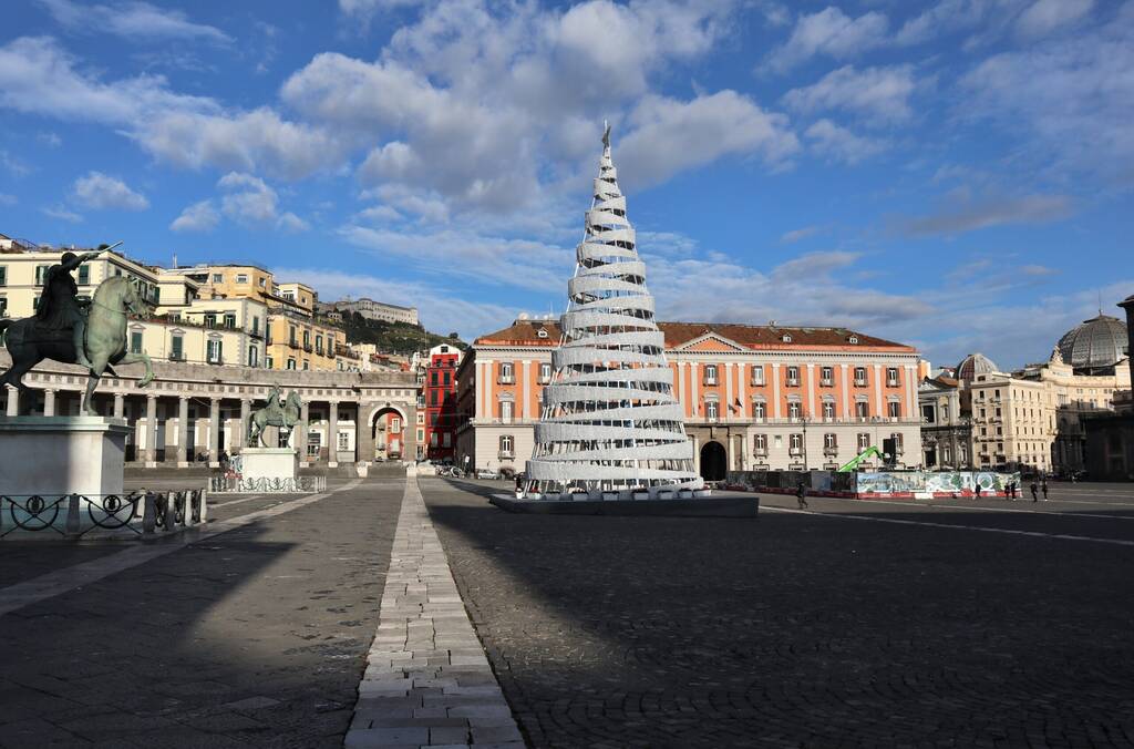 Naples, Campania, Italy - December 7, 2021: Piazza del Plebiscito decorated with an artistic Christmas tree in the morning
