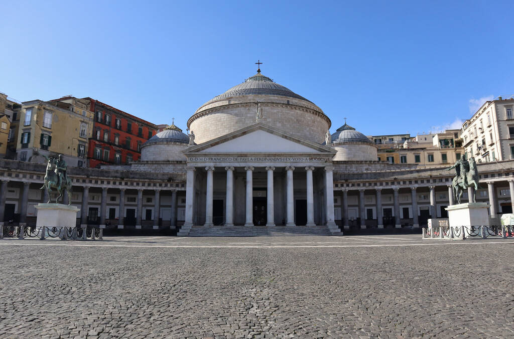 Naples, Campania, Italy - February 4, 2021: The nineteenth-century Pontifical Royal Basilica of San Francesco da Paola in Piazza del Plebiscito