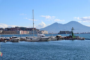 Naples, Campania, Italy - January 26, 2021: Panorama from the wharf of the port of Mergellina