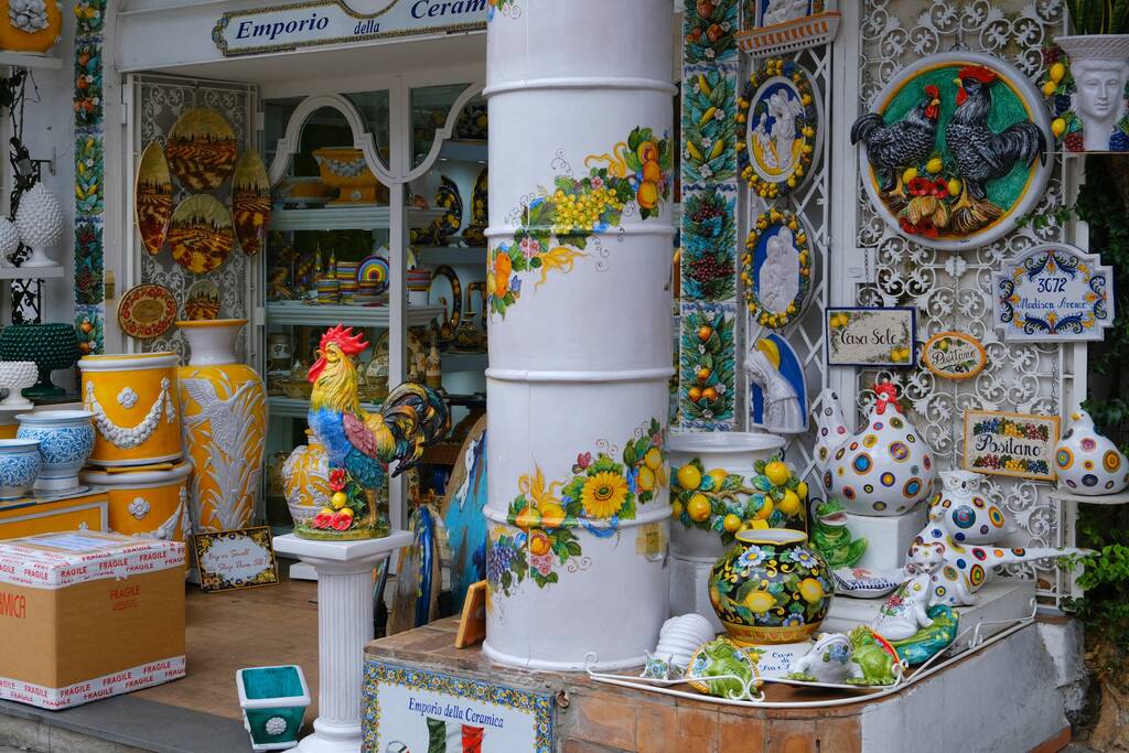 Positano, Amalfi Coast, Italy - November 5 2021. Streets and vibrant ceramic shop in Positano resort on the Amalfi Coast,  Province of Salerno, Campania, Italy. 
