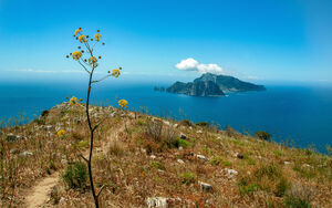 Island of Capri as seen from Punta Campanella at Sorrent, Naples, Italy