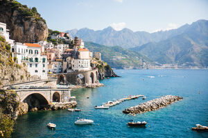 Italy Amalfi Coast in sunshine - sea view and city skyline
