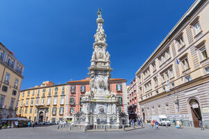 Obelisk Guglia of the Immaculate Virgin on Piazza Gesu Nuovo in Naples (Napoli), Italy.