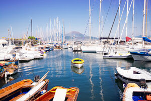 Port of Naples and Vesuvius volcano at summer, Italy