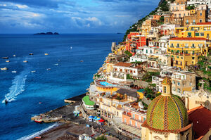 Positano, a picturesque town perched on a steep mountain slope on Amalfi coast, Sorrento, Italy