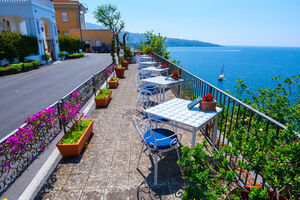 SAINT'ANGELO, ITALY -  May 29, 2012: Tables with sea views in the restaurant Hotel Villa Garden in Sant'Agnello near Sorrento, Naples, Campania, Italy.