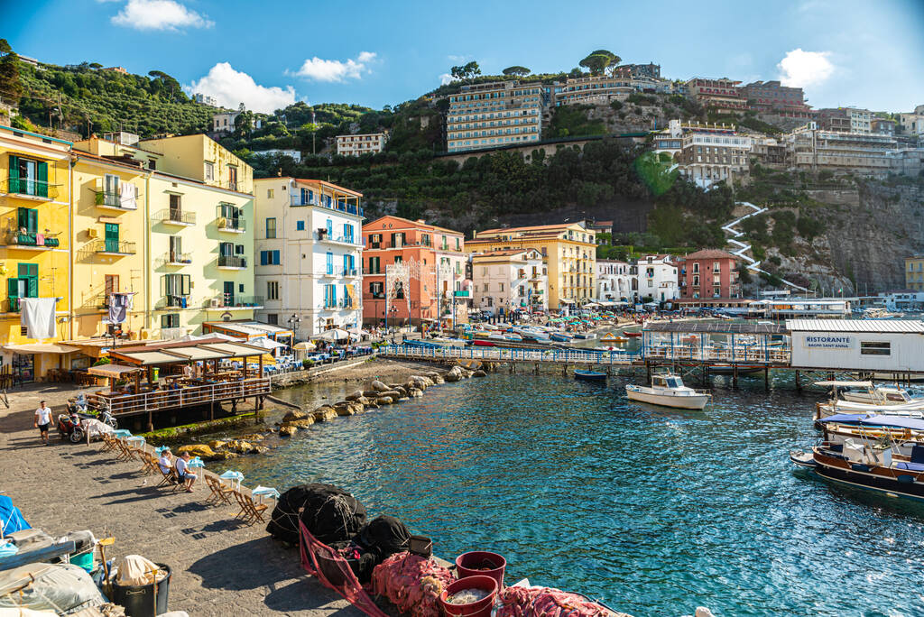Sorrento, Italy. July 17th 2020. TThe enchanting and picturesque village of Marina Grande with its houses with colorful facades, beaches, restaurants with fish-based cuisine and fishermen's boats.