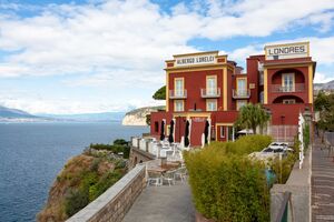 Sorrento, Italy - October 2021: Hotel resort and restaurant in Sorrento alongside the Amalfi coast, Italy.