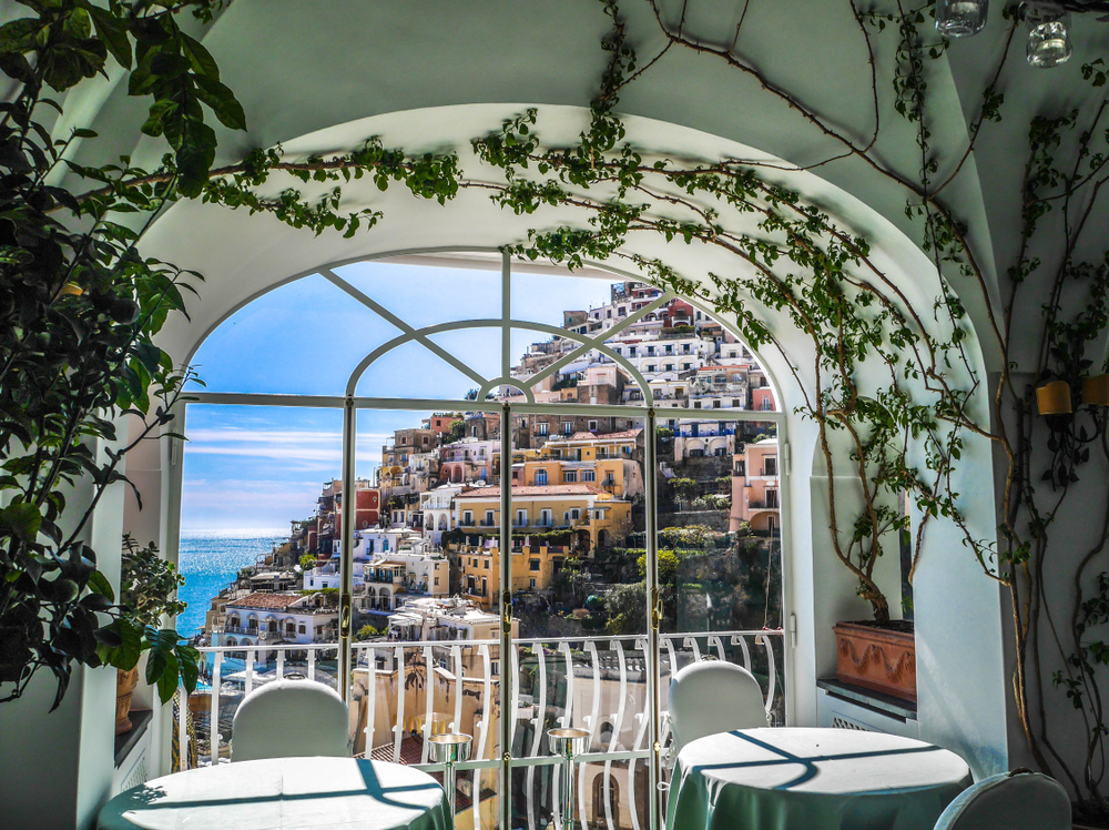 Dining with view from the restaurant in Positano, destination town on Italy’s Amalfi Coast.