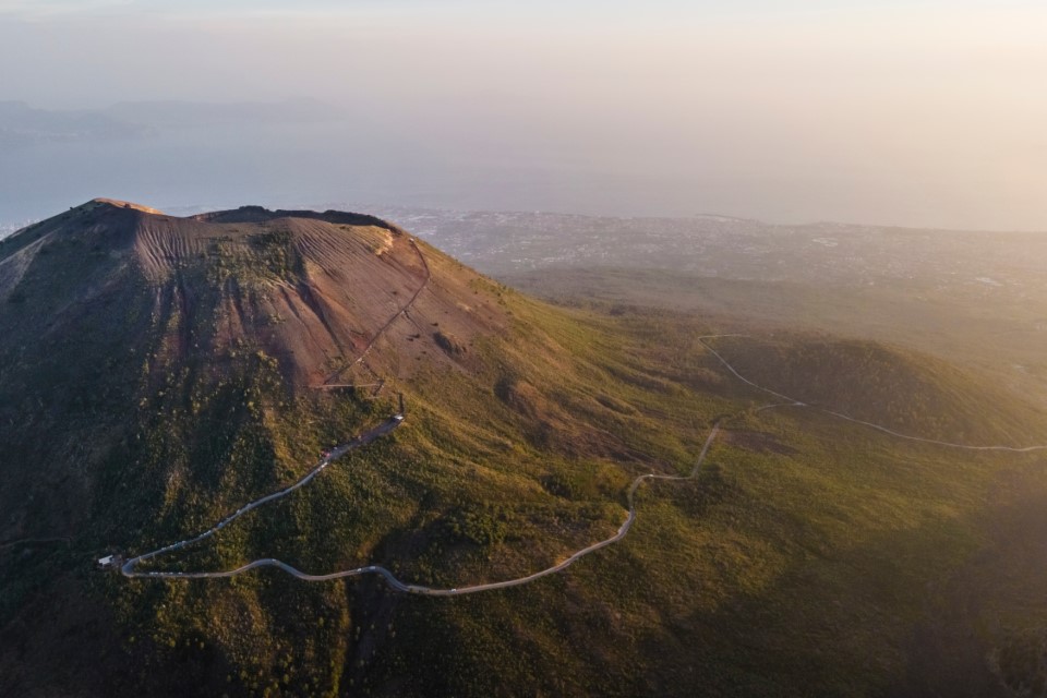 Aerial view of the road driving along the Mount Vesuvius in Naples, Campania, Italy.