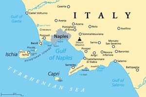 Zatoka Neapolitańska, Gulf of Naples, political map. Also Bay of Naples, located along south-western coast of Italy, opening to the Tyrrhenian Sea. Campanian volcanic arc with islands Ischia and Capri and Mount Vesuvius.