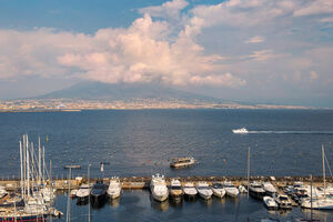 view of Mount Vesuvius and marina of Naples in Gulf of Naples, Naples, Italy