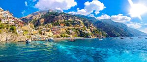 Positano coast , Italy, 2019. Positano village in the mountains. Coastal or coast view. Positano, is a village on the Amalfi Coast, Salerno, Campania. Sea Beach Travel destinations. Europe. Italian.