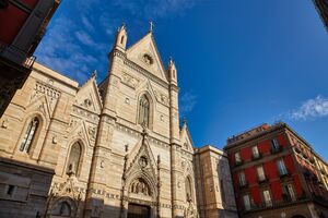 Naples, Italy - October 25, 2019 : The Naples Cathedral or Cathedral of the Assumption of Mary is a Roman Catholic cathedral, the main church of Naples, and the seat of the Archbishop of Naples.