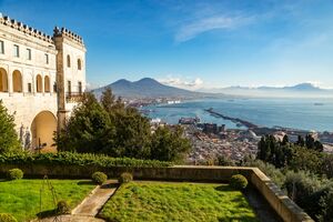 Scenic picture view of the city of Naples Napoli with famous Mount Vesuvius in the background from Certosa di San Martino monastery, Campania, Italy