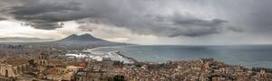 Panorama of Naples, view of the port in the Gulf of Naples and Mount Vesuvius. The province of Campania. Italy. Cloudy day